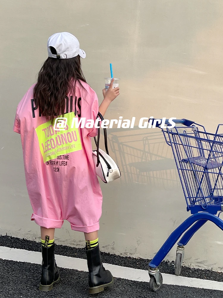 

2022 spring new girls' pants jumpsuit pink stand-up collar loose foreign shorts trendy