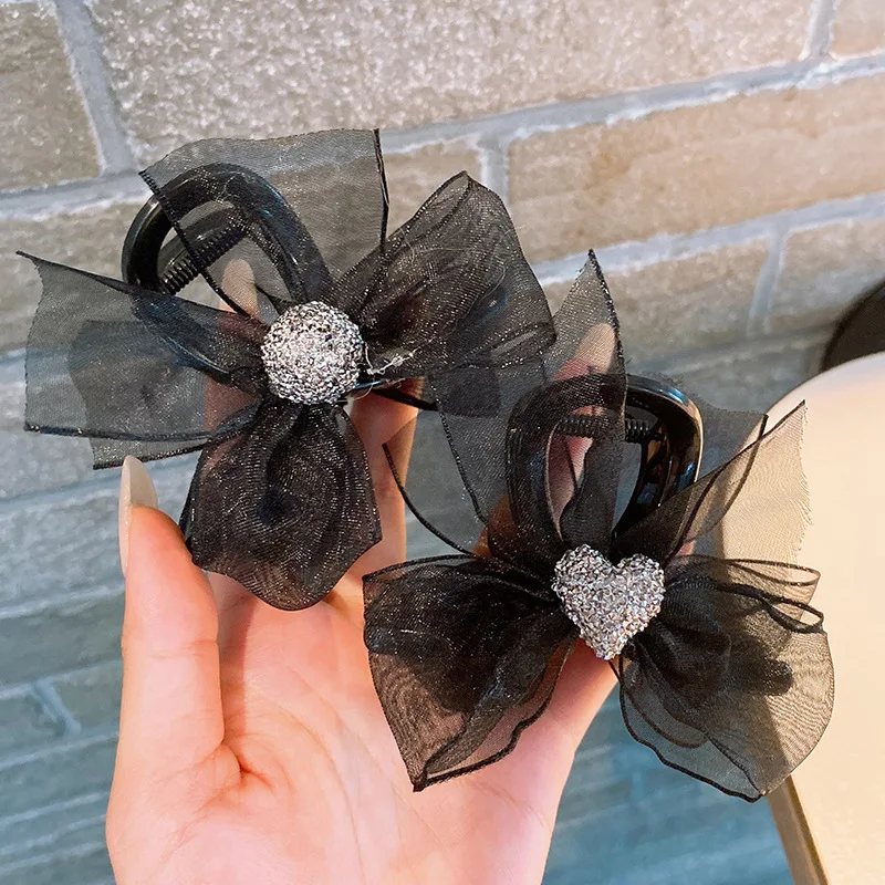 

Элегантная черная шелковая заколка для волос с бантом для женщин, модная заколка для волос с кристаллами, с любовным сердцем, зажим для волос, аксессуары для волос для девочек
