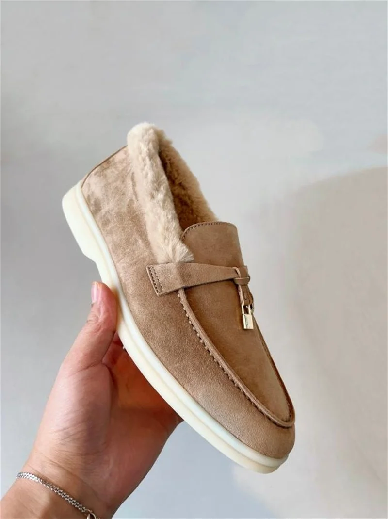 Women's High-Quality Wool Warm Loafers Thickened Winter Loafers Women's Casual Walking Shoes Fashionable Flat Boots Size 34-46