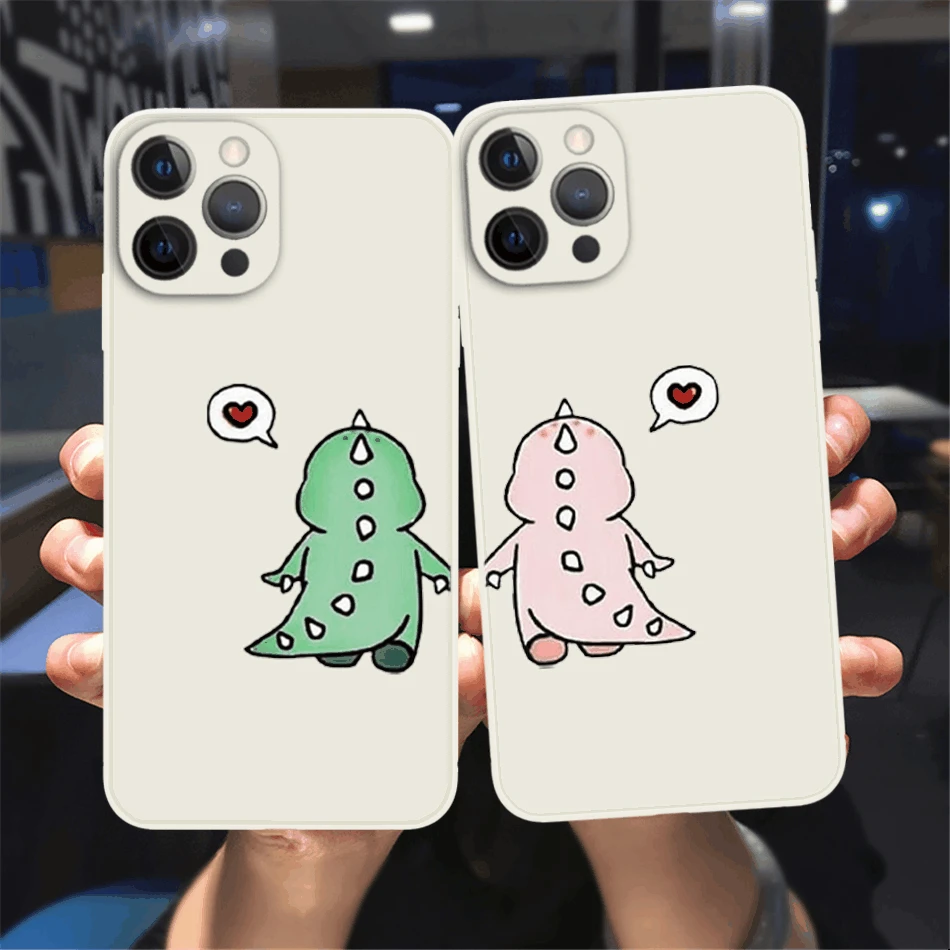 

Cute Couples Dinosaur Phone Case For iPhone 13 12 11 14 Pro Max XSMax XR X 8 14 Plus White Liquid Silicon Soft Bumper Back Cover