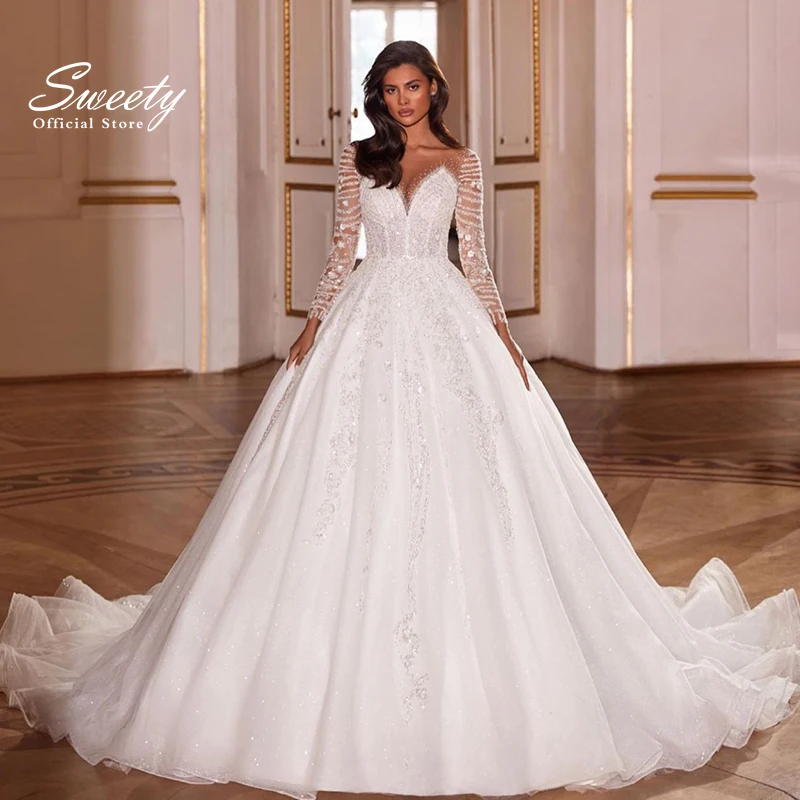 Роскошное свадебное платье с вышитым кружевом на сетке и бисером бальное