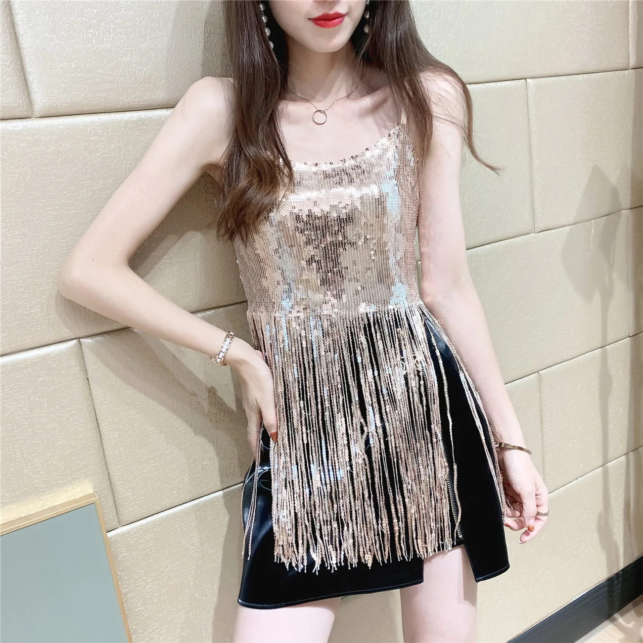 

sexy women club camisole femme long tassels camis woman sequined gold camisole femme silver tanks tops