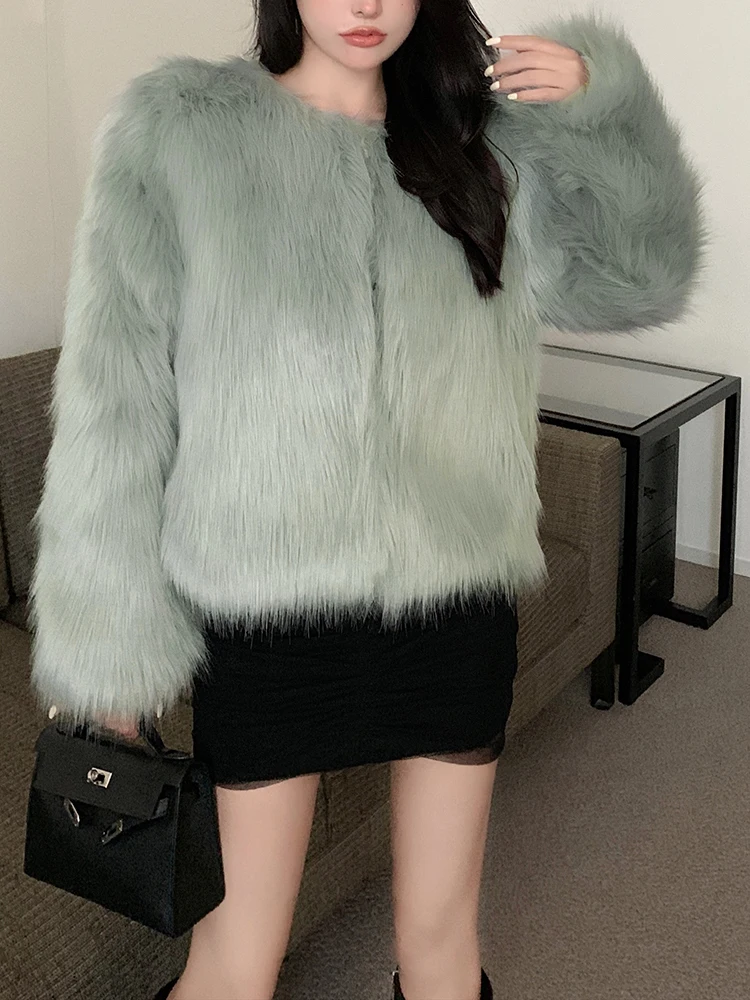 PERHAPS U Women Elegant Winter Fox Fur Faux Fur Leather O-Neck Double-faced Fur Single Breasted Wide-waisted Coat Outwear C3984