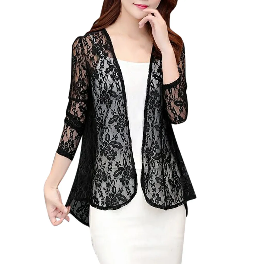 

Women Daily Cardigan Sun Shirt Blouse Summer Lace Sunproof Long Sleeve Outwear Fleece Zip up Women