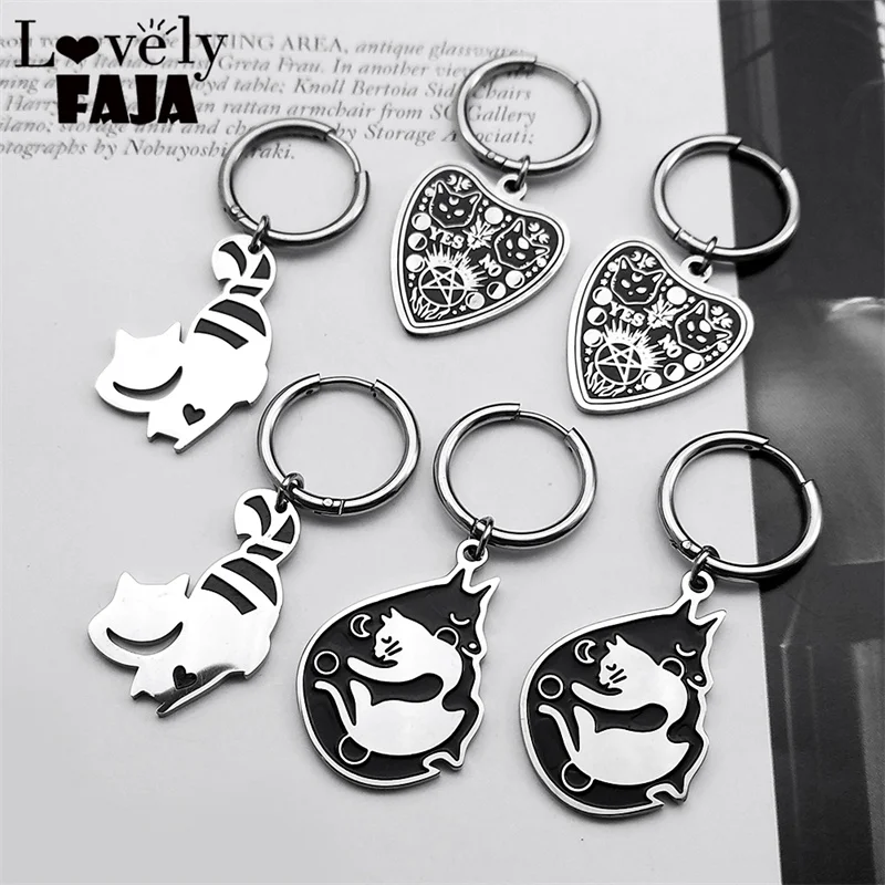 

Cute Wicca Goth Ouija Cat Earrings Unique Hoop Earring for Women Men Stainless Steel Kitten Witchy Dangle Earrings Jewelry E1818