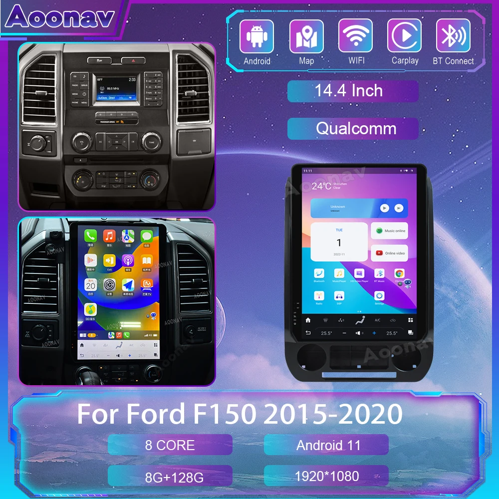 

Автомобильный радиоприемник Qualcomm Android 11, 14,4 дюйма, для Ford F150 2015-2020 8 + 128G, вертикальный экран, мультимедийный плеер 4G Carplay, 2 Din