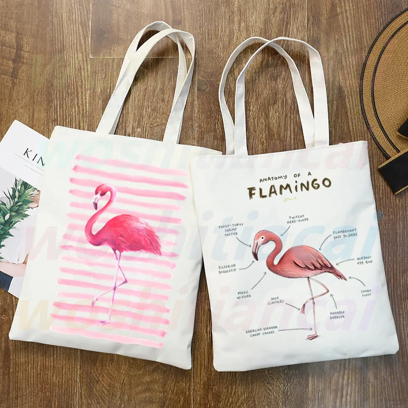 

Flamingo Print Canvas Shoulder Tote Bag for Women Handbags Eco Reusable Shopping Bag Vintage Fashion Ulzzang Bags