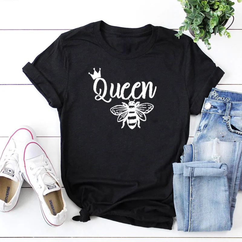 

Queen Bee Shirt Gift for Friend Funny Letter Cotton Women Tshirt Harajuku Short Sleeve Top Tees Plus Size O Neck Lady Clothing