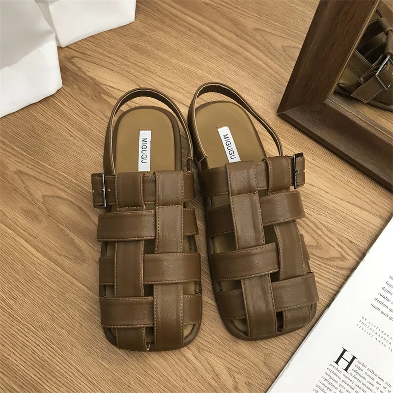 

2022 New Retro Gladiator Sandals Shoes for Women Summer Genuine Leather Buckle Rome Sandals Female Metal Decoration High Quality