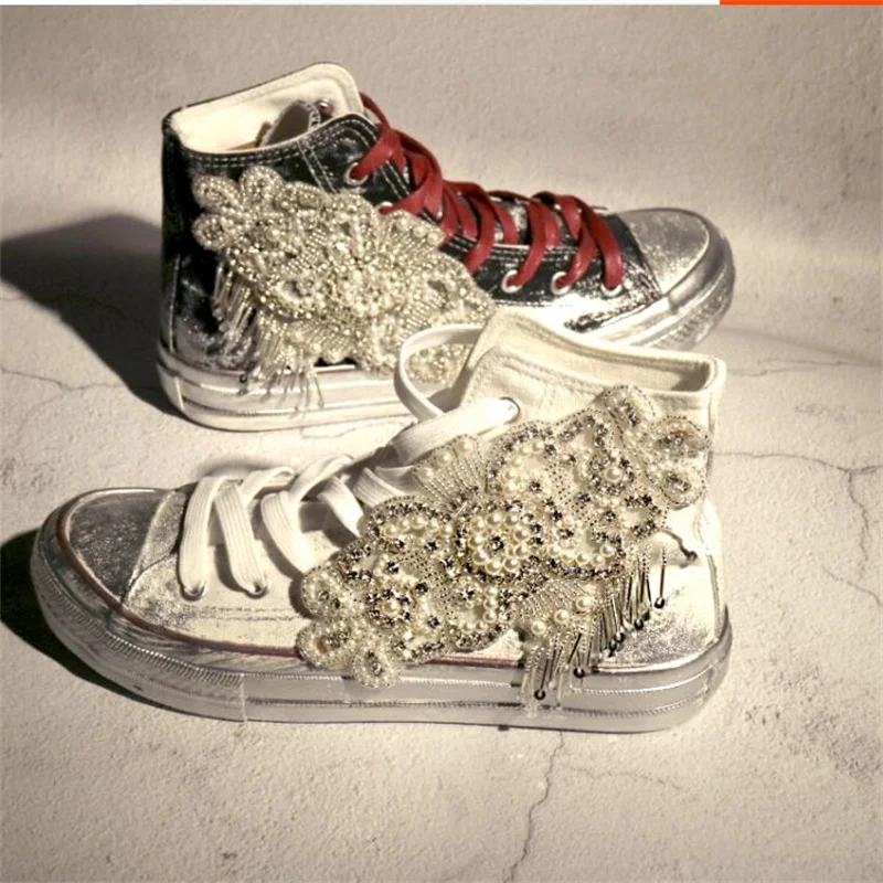 

Rhinestone tassel applique contrast color shoelace retro spray paint thick-soled canvas shoes comfortable casual shoes 35-46