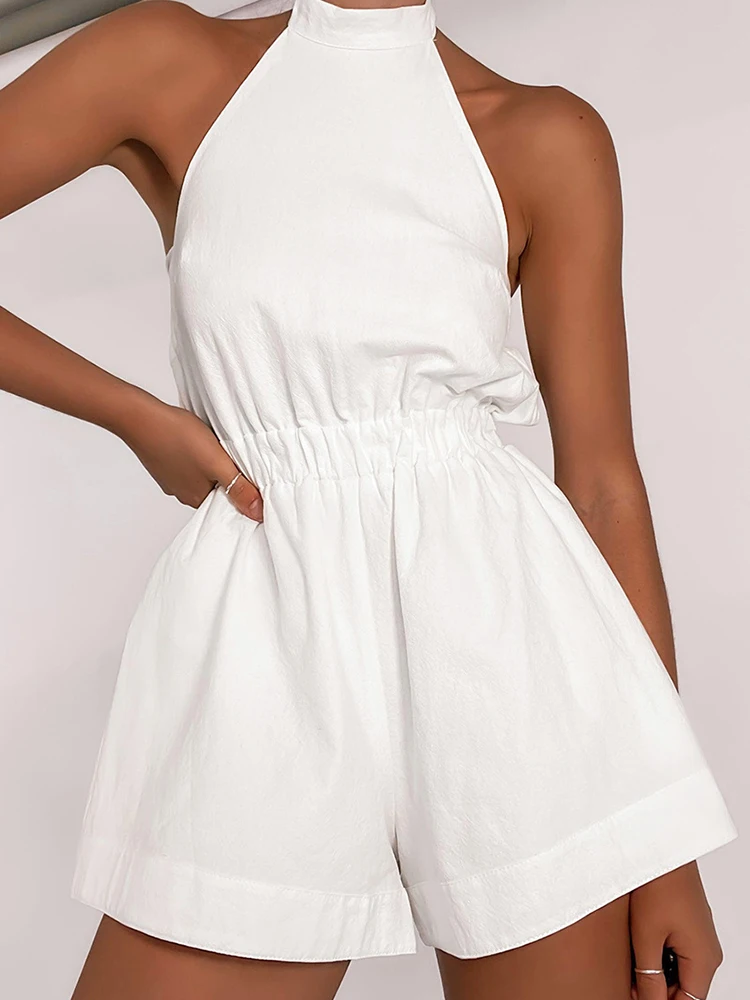 Женский хлопковый комбинезон с высокой талией повседневный белый Облегающий без