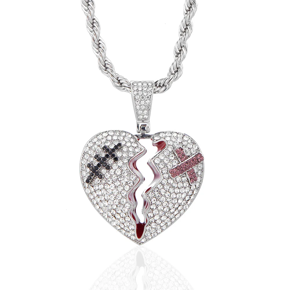 

Iced Out Bling Hip Hop Boy Men Patch Broken Heart Pendant Necklace Micro Paved Cubic Zirconia Heart Charm Jewelry Dropshipping