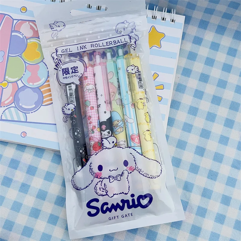 6Pcs/Set Sanrio Series Pen Hello Kitty Kuromi Melody Cartoon Print Gel Pen Kawaii Stationeries 0.5mm Press Pen Girl School Pen