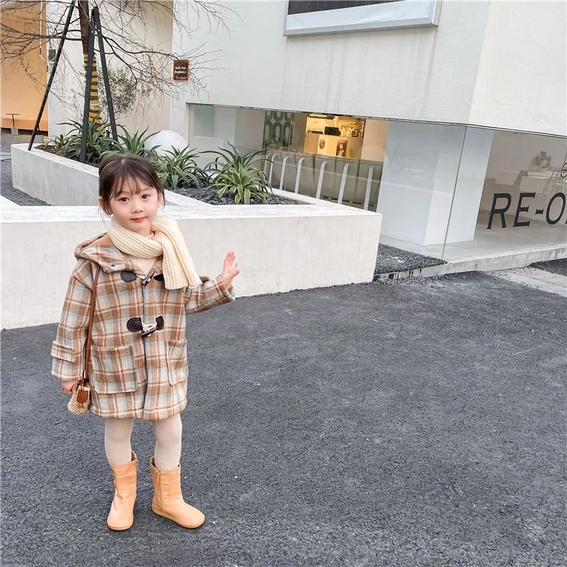 

Girls Woolen Coat Jacket Cotton Outwear Overcoat 2022 Brown Warm Thicken Plus Velvet Winter Autumn High Quality Children's Cloth