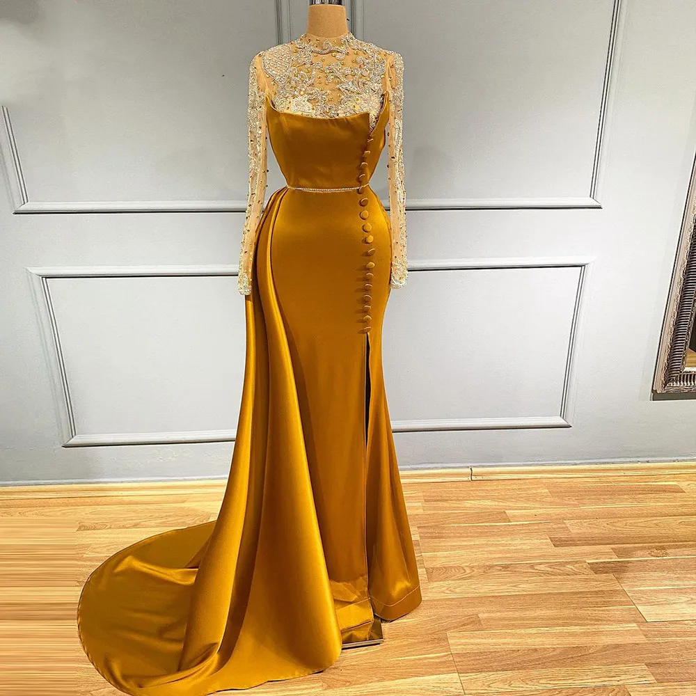 

Mermaid Arabic Evening Night Dress for Women 2022 Dubai Long Sleeves Crystal Handmade Prom Formal Wedding Party Gowns