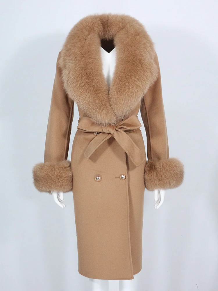 

OFTBUY 2023 Real Big Fur Coat Winter Jacket Women Natural Fox Fur Collar Cashmere Wool Blends Long Outerwear Ladies Streetwear