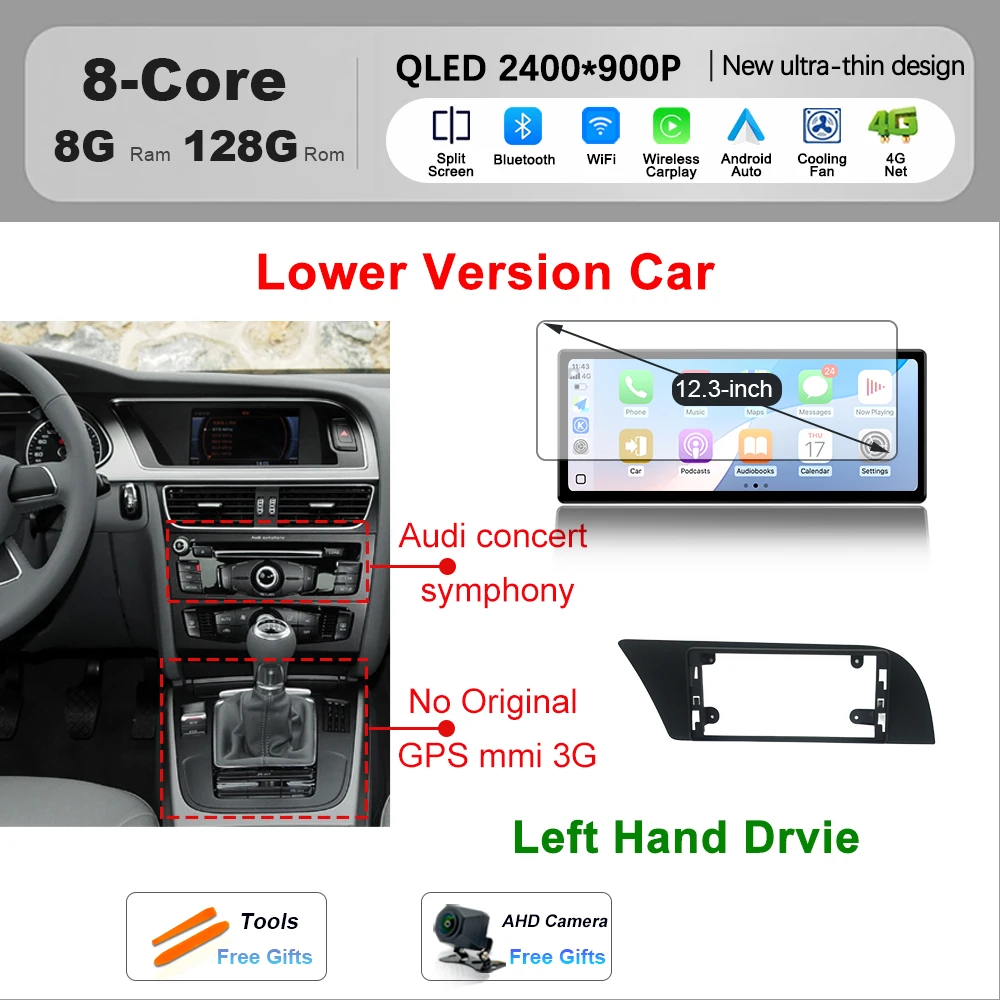 Автомобильный радиоприемник для Audi A4 A5 2009-2016, мультимедийный беспроводной CarPlay Android 15, навигация, GPS QLED, сенсорный экран, Bluetooth, автомобильные радиоприемники