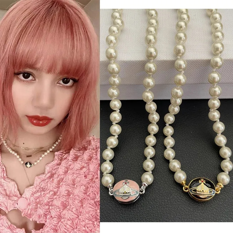 

2022 New Luxury Enamel Lace Saturn Pearl Necklace Women Accessories Charm Jewelry Gifts Pearl Necklace For Women