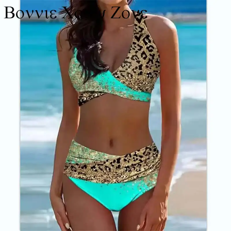 

Женский комплект бикини без рукавов, комплект с бюстгальтером без косточек с перекрестными рюшами и контрастным леопардовым принтом