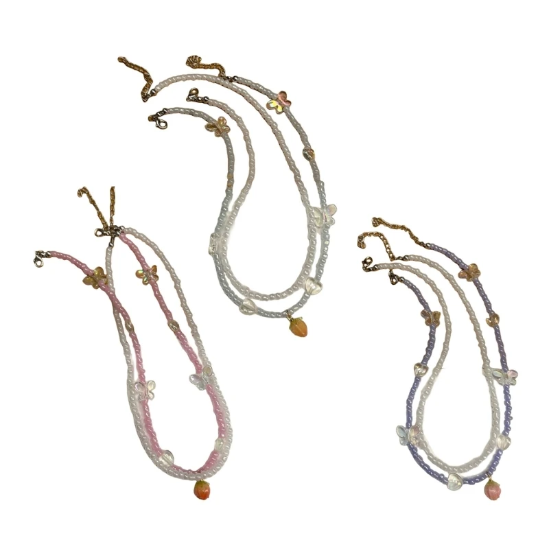 

E0BF Double Layer Pearls Butterfly Collarbone Chain Adjustable Chain Sweater Chain