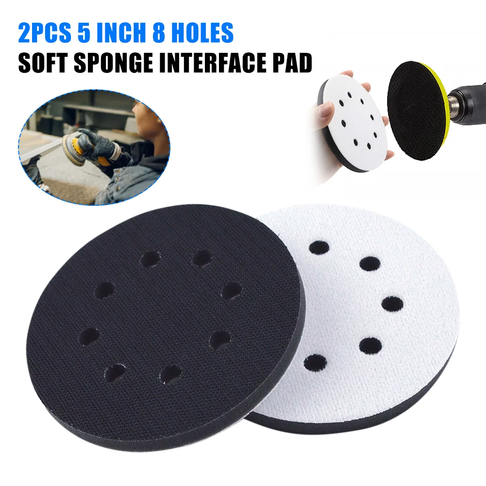 

2Pcs 5 Inch 8 Holes Soft Sponge Interface Pad Soft Density Hook and Loop Cushion Buffer Pad Sanding Disc for Uneven Surface