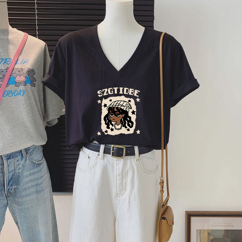 Американская винтажная хлопковая Футболка с V-образным вырезом и коротким