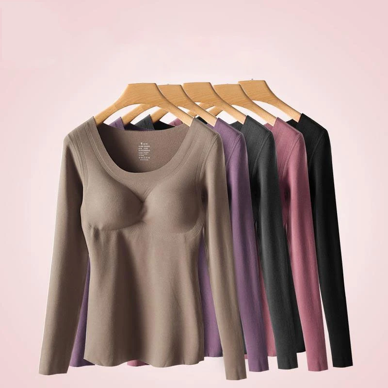 Dralon Thermal Underwear Women's Fleece Thickened Backing Shirt Solid Color Without Traces With Chest Cushion Winter