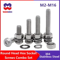 m2 m16 round head hex socket screws combo set hexagon socket screw with spring washer flat gasket and nut 304 stainless steel
