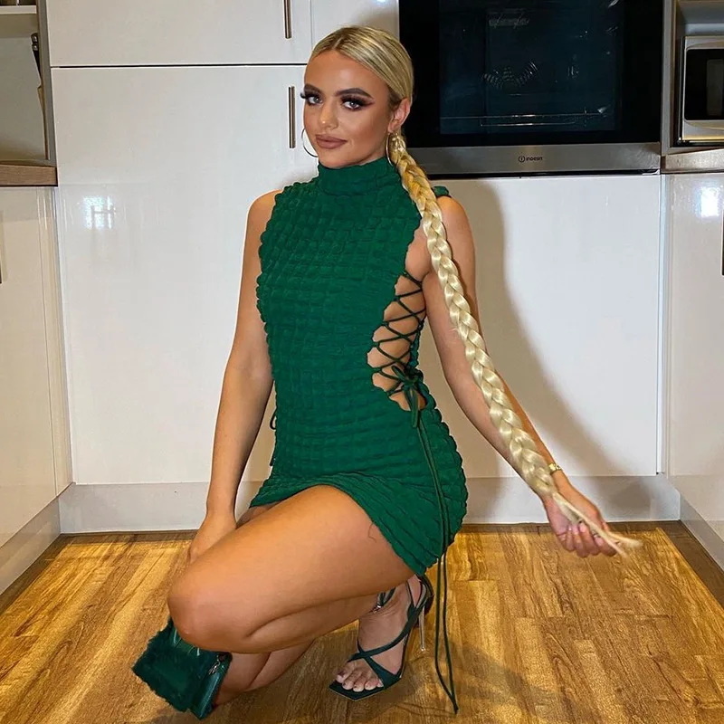 

Stunning Stacked Mini Dress Women Sexy Solid Mock Neck Sleeveless Draw String Bodycon Party Clubwear Elegant Female Skirt 2023