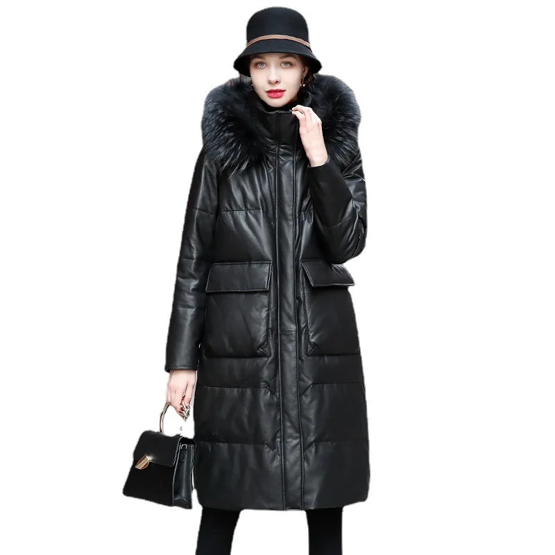Leather Down Jacket Women's Winter Warm Raccoon Fur Collar Sheepskin Leather Coat Simple Long Style Genuine Leather enlarge