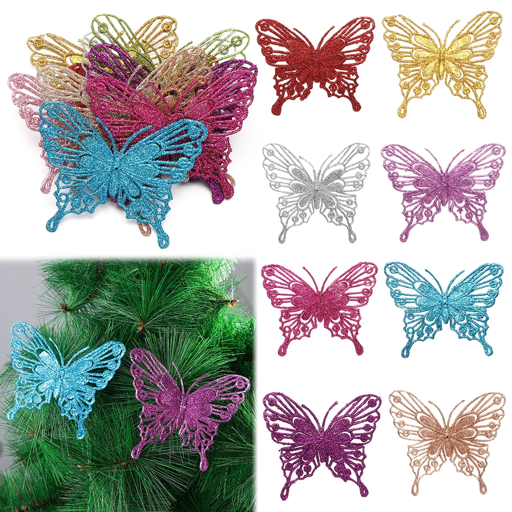 5pcs Christmas Butterflies Xmas Tree Ornaments Single Layer Gold Powder Glitter Artificial Flower DIY Crafts Christmas Decor