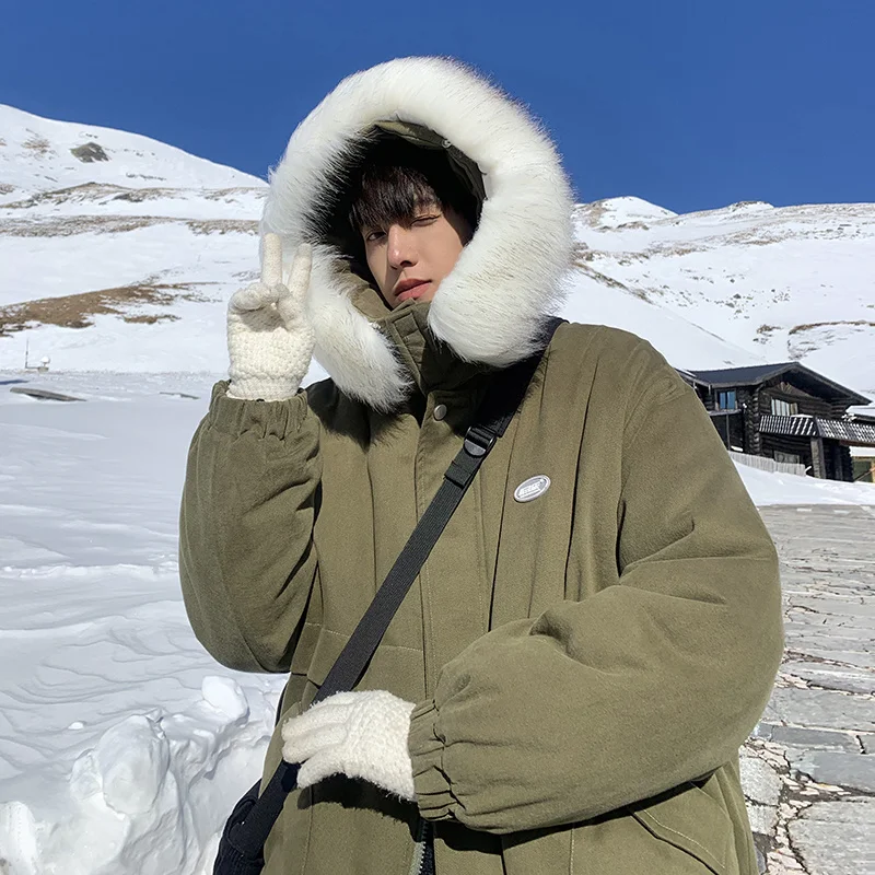 Winter Jacket Men Warm Fashion Fur Collar Hooded Thickened Jacket Men Streetwear Dress Korean Loose Thick Short Coat Mens Parker