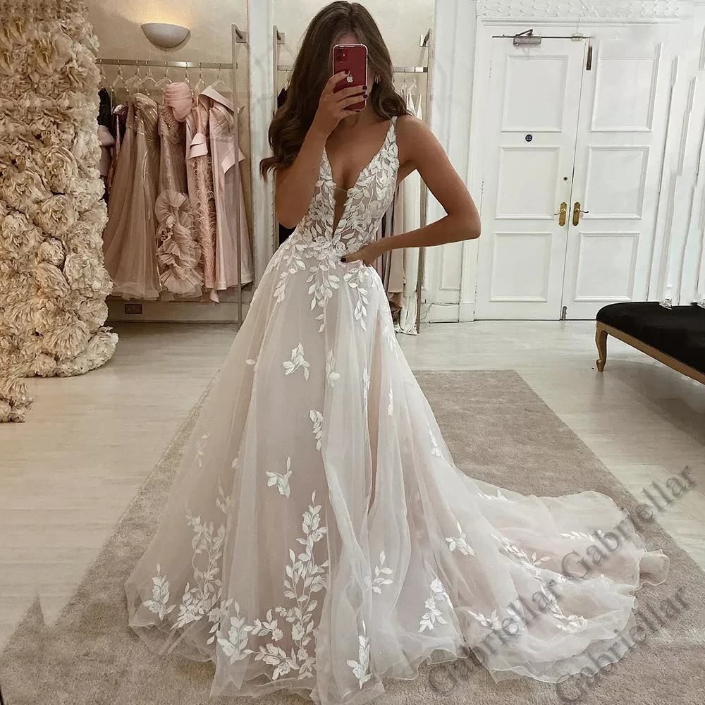 

Luxury Wedding Dress Princess Exquisite Appliques V-Neck Sleeveless Personalised Mopping Gown Vestido De Novia 2023 Women