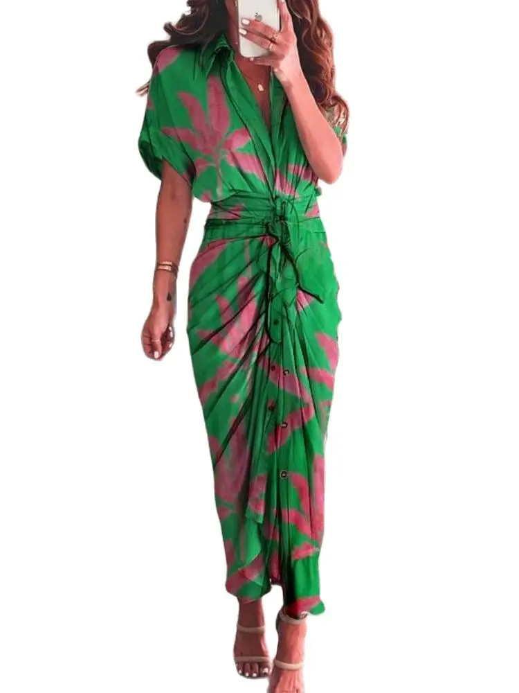 

Fashion Women Elegant Shirt Dress Printed Button Ruched Bandage High Waist Lantern Sleeve Tie Slit Lapel Long Dresses Beach Robe