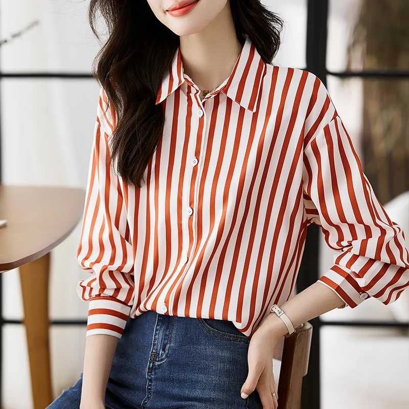 

Chiffon Women's Shirts New Stripe Vintage Blouses Polo-neck Loose Long Sleeve Ladies Clothing Spring/Summer 2023 Fashion Tops