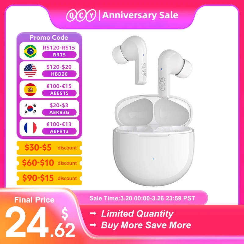 QCY T18 Wireless Earphones Bluetooth 5.2 Earbuds QCC3050 aptX Voice 32kHz 4 Mic CVC HD Call Headphones Dual-device Connection