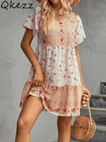 qkezz loose fit summer boho dress women floral printed casual ruffle short sleeve mini flowy patchwork button robe holiday 2022