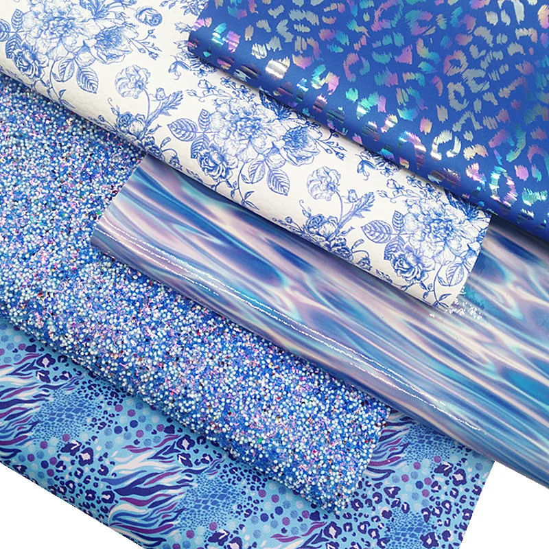 

Синяя блестящая кожа с грушами, радужная леопардовая искусственная кожа с цветочным леопардовым принтом, искусственная кожа для «сделай сам» 21x29 см Y166