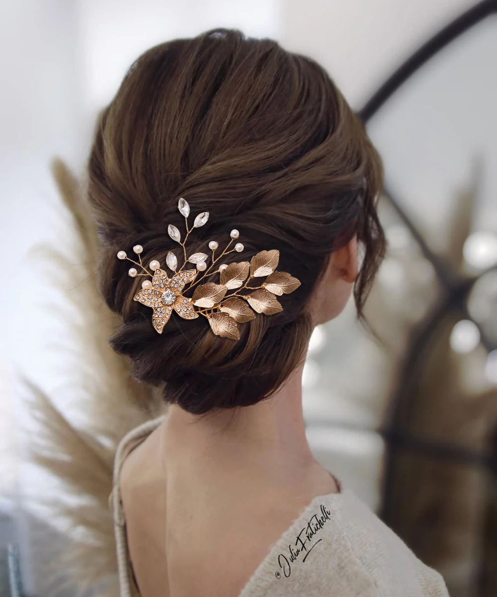 

Gold Headpiece Women Hair Comb Headdress Flowers Leaves Girl Sparkly Pearls Rhinestone Wedding Hair Decorations Bridal Hairpiece