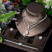 hibride two layer round shape cz crystal necklace and earring set luxury bridal party jewelry sets for wedding evening n 1277