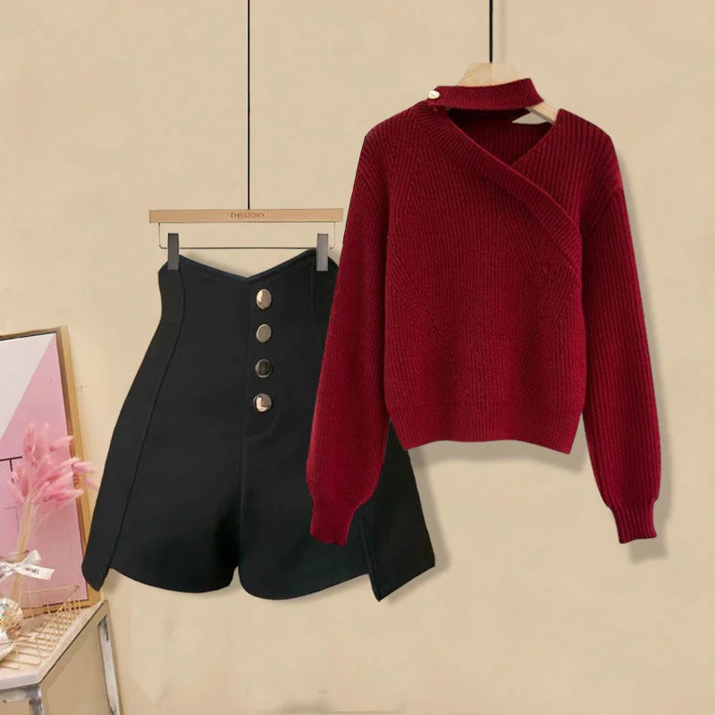 

Fall Winter 2 Piece Sets Women Long Sleeve Hollow Out Knitted Sweater And Irregular Black Shorts Two Piece Set Women Clothing