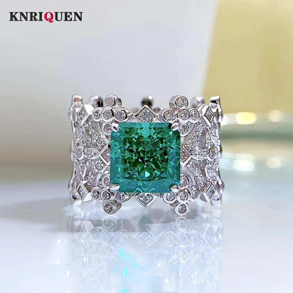 

Luxury 100% 925 Silver Wedding Rings for Women Full High Carbon Diamond 8*8MM Green Tourmaline Ring Cocktail Fine Jewelry Gift