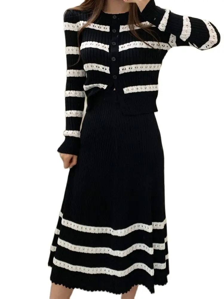 

Temporary Suit Hollow Striped Knitted Cardigan+Long Large Skirt Two -Piece Set 2022 Autumn New Fashion Women'S Clothing