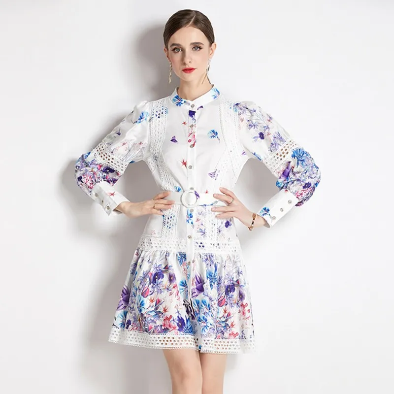 

Женское платье-трапеция с воротником-стойкой, элегантное свободное платье с длинным рукавом и принтом, осень 2022