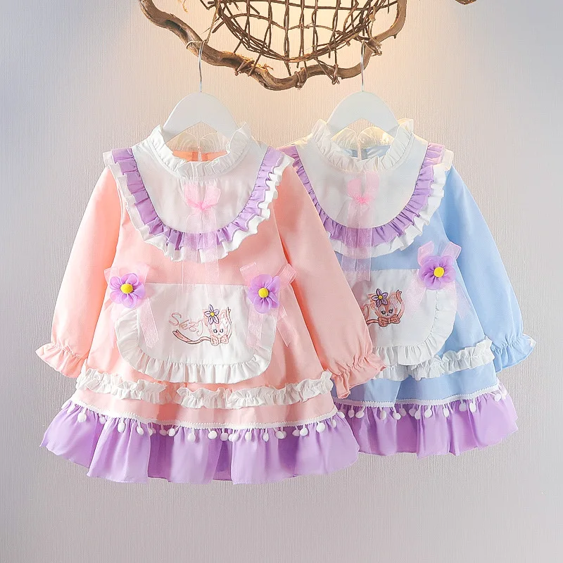 

Pretty Princess Autumn Spring Full Sleeve Ruched Patchwork Cartoon Knee-length Dress Kids Baby Children Clothing 18M-5Y