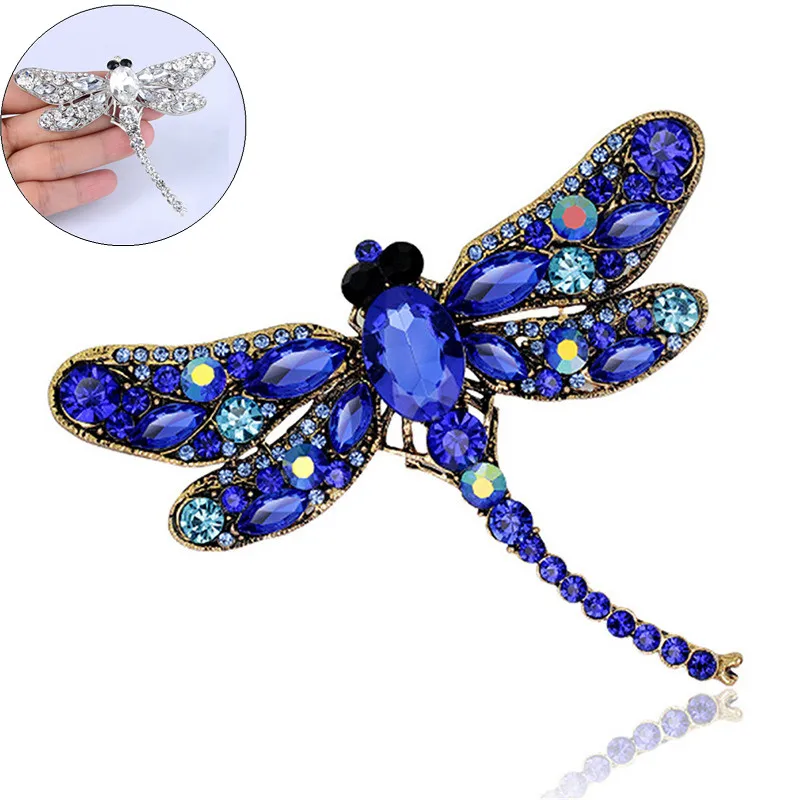 Синий хрустальный винтажный брошь со стрекозой для женщин, большой насекомое булавки модные платье пальто аксессуары ювелирные изделия подарок брошь на.