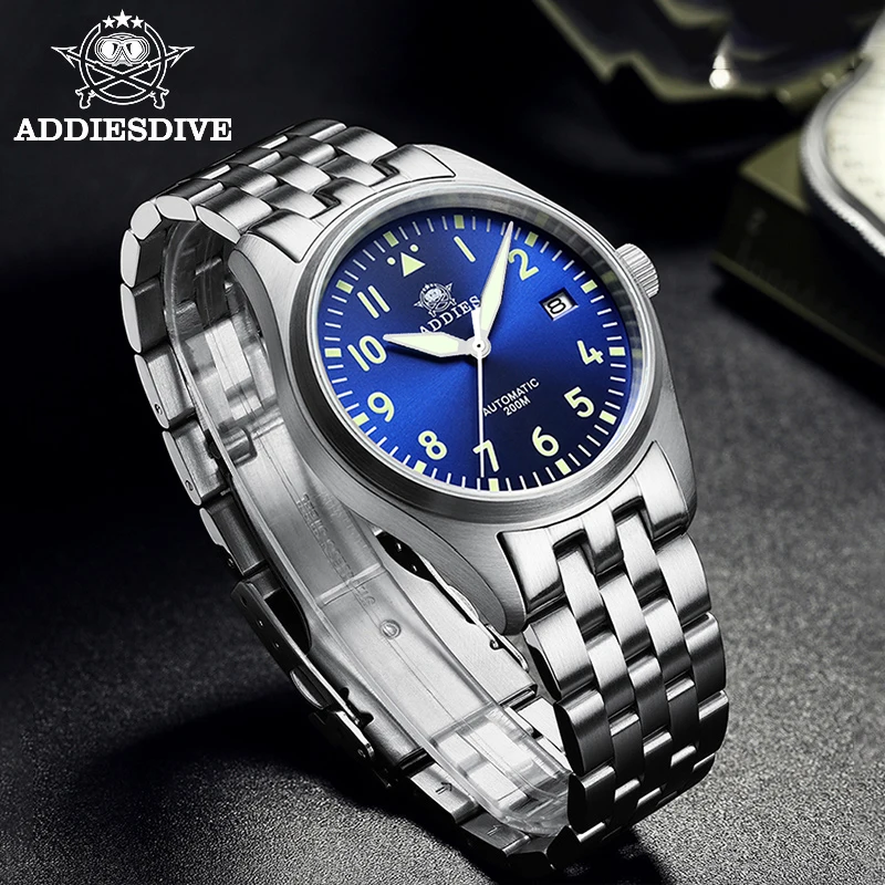 

ADDIESDIVE Automatic NH35 Movement Pilot Watch C3 luminous Black Dial and 39mm Case waterproof Sapphire glass 200M Dive watches