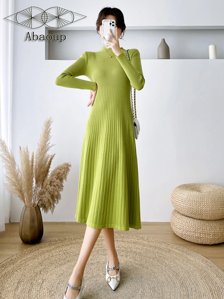 

2022 Autumn Women's Dress Slim Half High Collar Fashion Basics Long Sleeve Knitting Stripe Pullover Skirt Black Green S M L XL