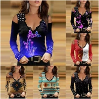 fashion womens metal sling t shirt 2022 autumn sexy ladies lace butterfly print v neck long sleeve off the shoulder top shirts