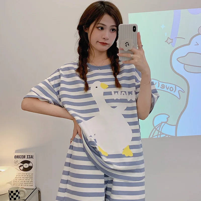 Kawaii Women Nightsuit O Neck Pajamas Set Cross Stripe Leisure Pyjama Mujer Cozy Sleepwear for Young Girls Summer Tops Shorts